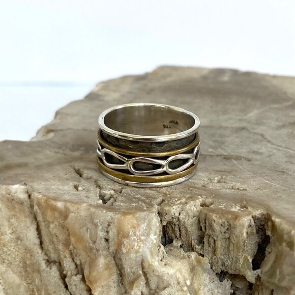 Sterling Silver 925 India Two Tone Brass Wide Multiple Band Spinner Ring Sz 7.5 - Picture 12 of 14
